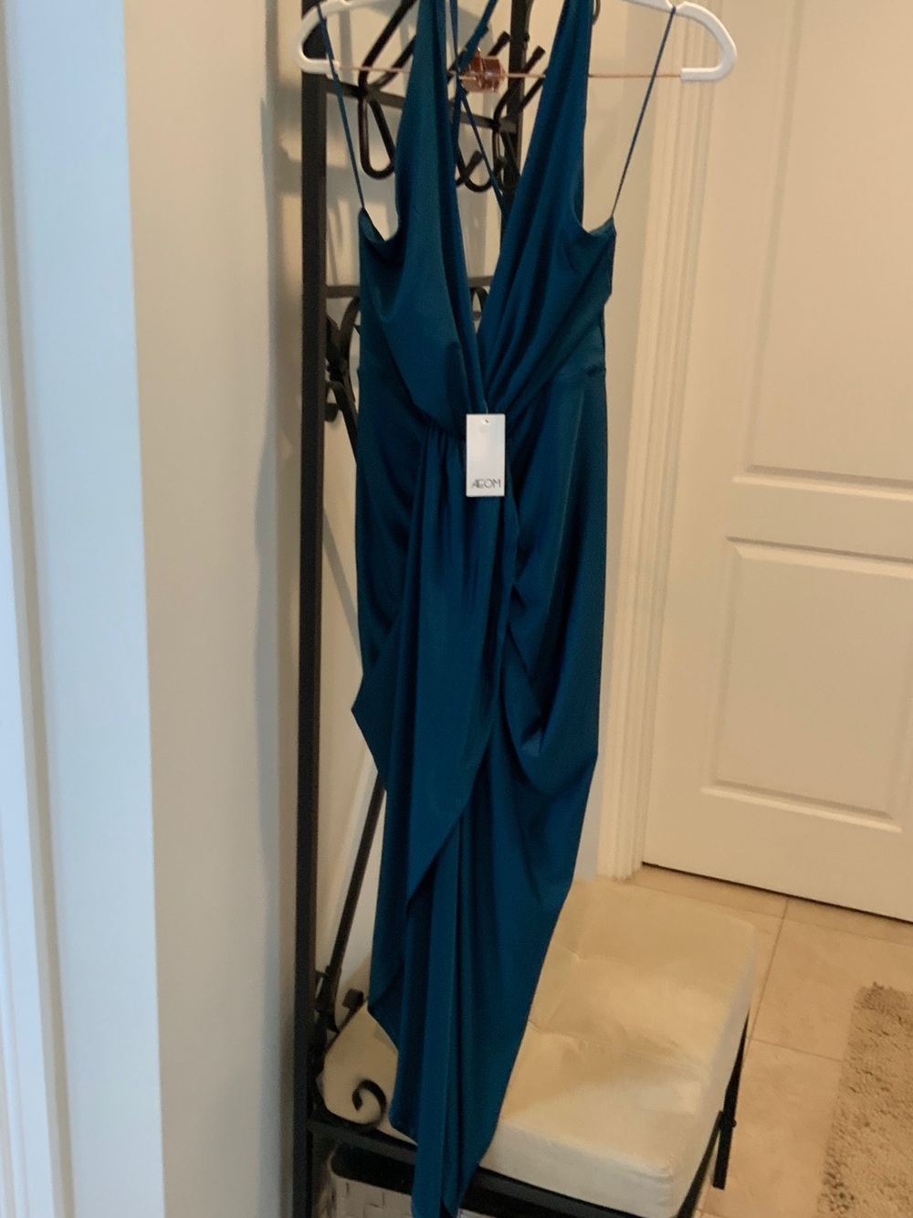 AEON Teal Draped MIDI Dress with V-Neck, open back, split tulip hem